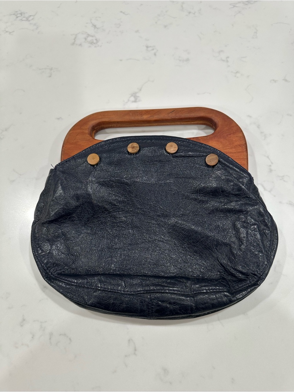 Rare 1970s Vintage Preppy Navy Leather Wooden Handle Bermuda Bag Purse